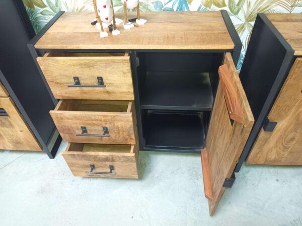 MEUBLE D'APPOINT STYLE VESTIAIRE 1 PORTE + 3 TIROIRS MANGUIER + MÉTAL – Image 2