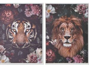 TABLEAU LION OU TIGRE FOND FLEURS 50X70CM ANNEXE MEUBLE & DECO