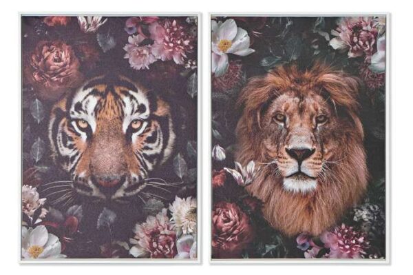 TABLEAU LION OU TIGRE FOND FLEURS 50X70CM ANNEXE MEUBLE & DECO