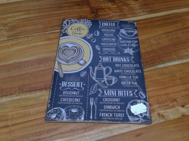 PLAQUE METAL COFFEE HOUSE GRIS JAUNE 20X30CM