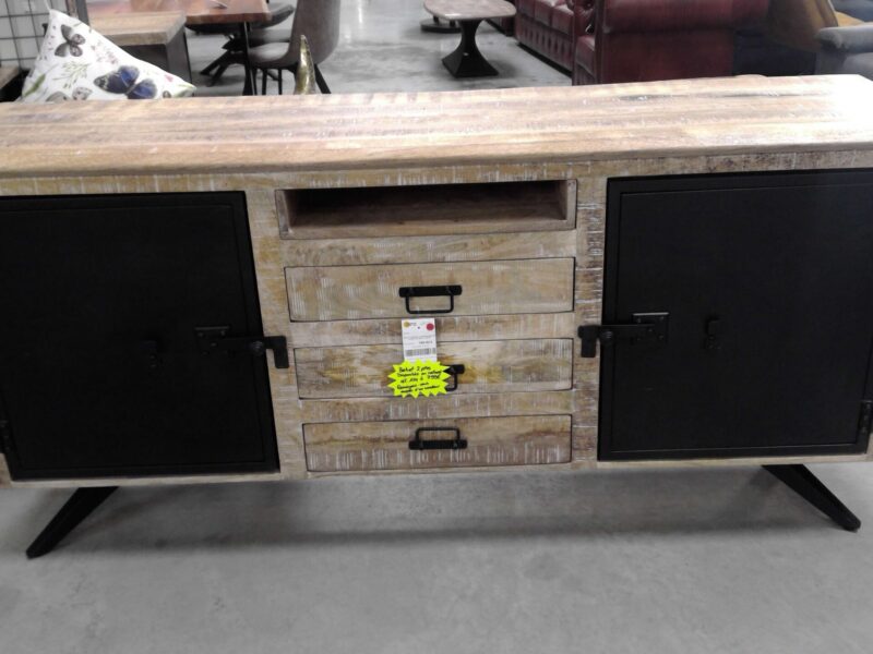 BAHUT 2 PORTES + 3 TIROIRS MANGUIER BLANCHI ET MÉTAL L.180CM