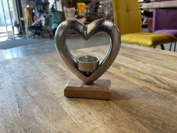 PORTE BOUGIE COEUR METAL SUPPORT BOIS H.16CM