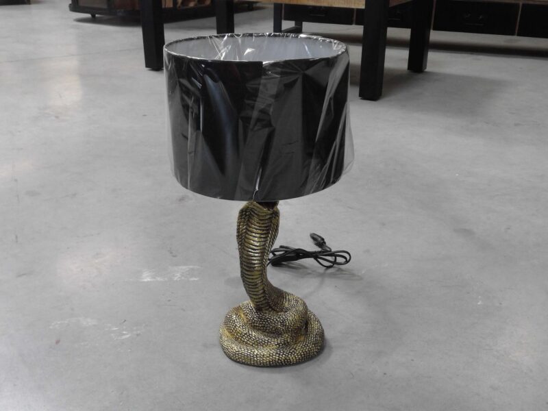 LAMPE A POSER PIED SERPENT DORÉ ABAT JOUR NOIR H.48CM