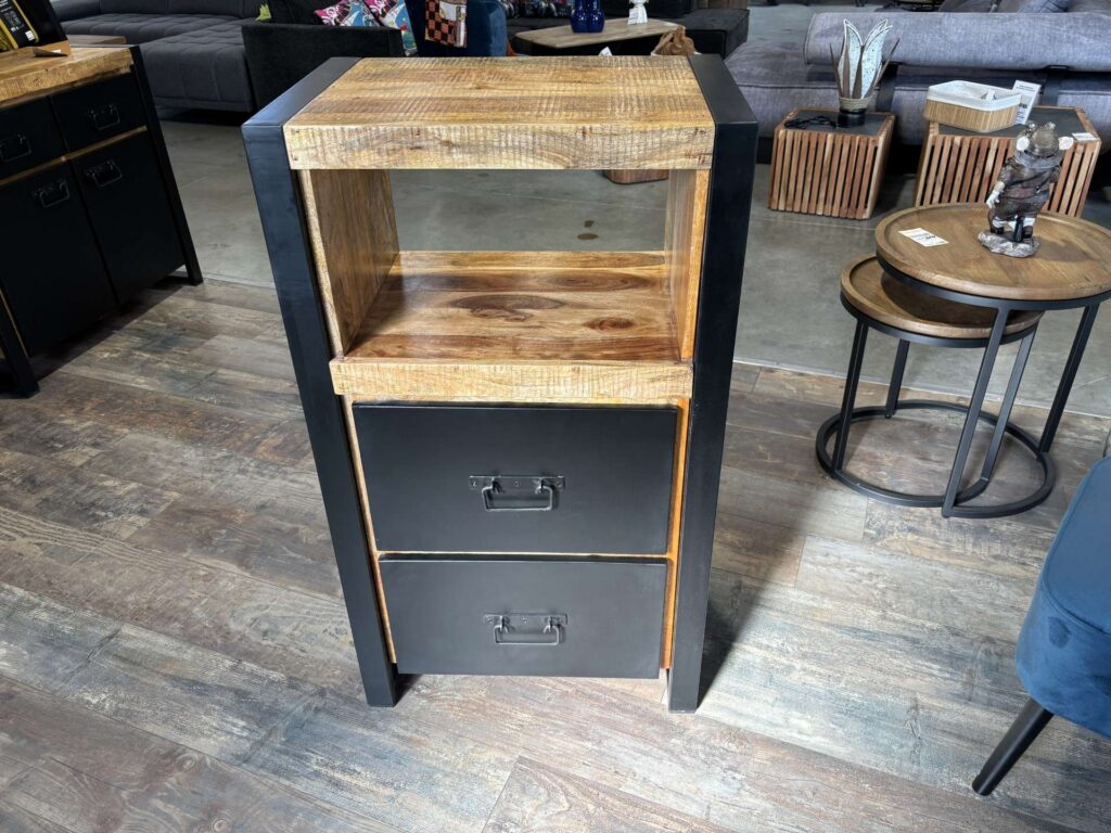 MEUBLE D'APPOINT 2 TIROIRS + 1 NICHE MANGUIER MASSIF ET MÉTAL
