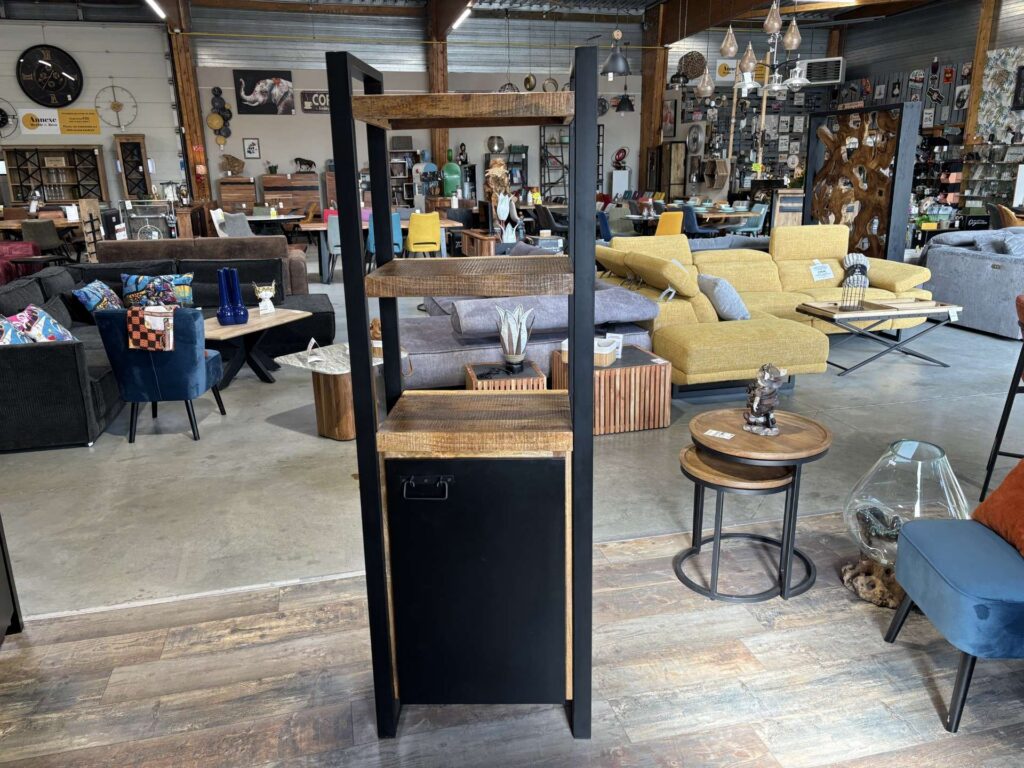 COLONNE 1 PORTE + 2 ÉTAGÈRES MANGUIER MASSIF ET MÉTAL NOIR