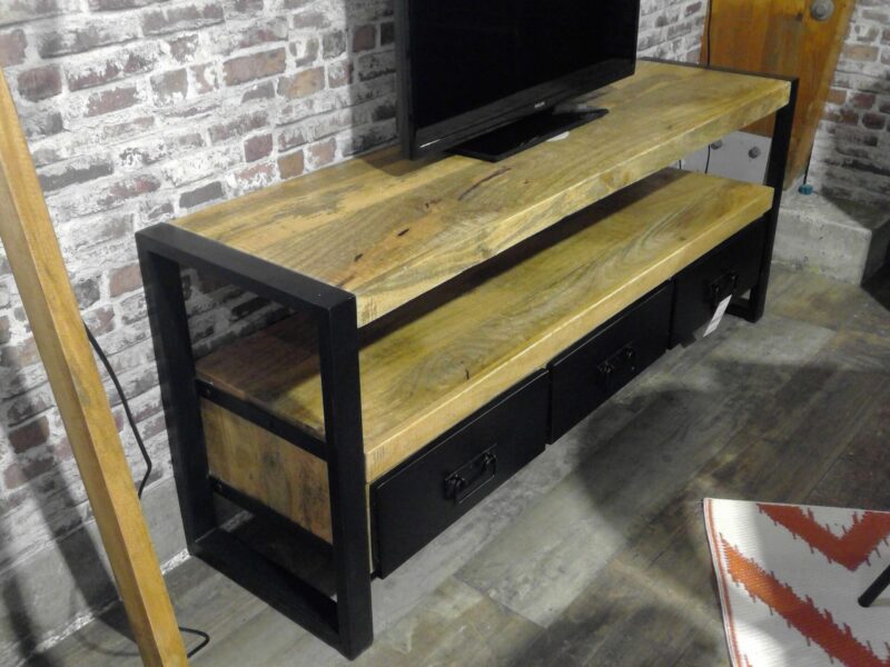 MEUBLE TV 3 TIROIRS MANGUIER MASSIF ET MÉTAL