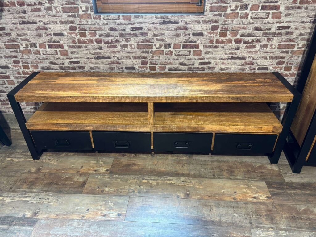 MEUBLE TV 4 TIROIRS MANGUIER MASSIF ET METAL