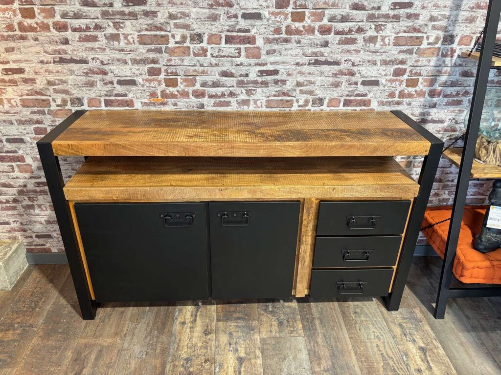 BAHUT - CONSOLE 2 PORTES + 3 TIROIRS MANGUIER MASSIF ET MÉTAL