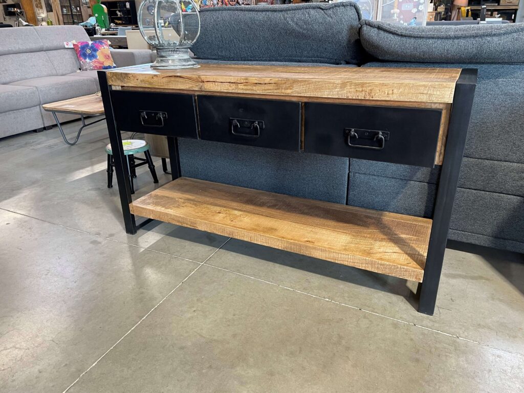 CONSOLE 3 TIROIRS MANGUIER MASSIF ET MÉTAL