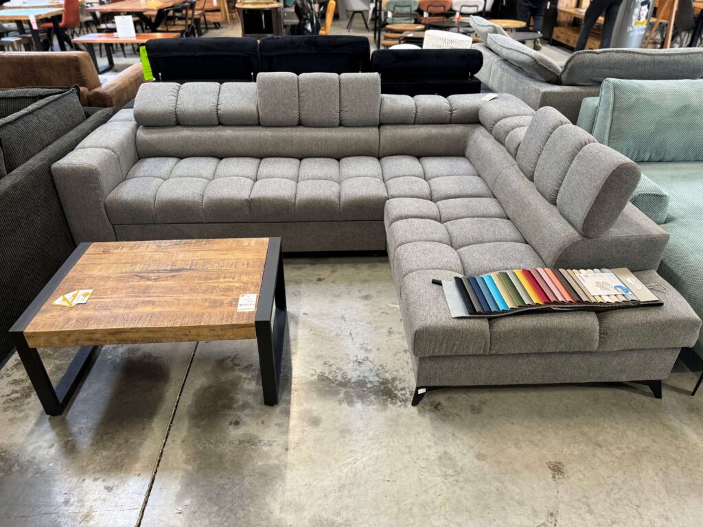 CANAPÉ VITO ANGLE DROIT CONV. + COFFRE + TÊTIÈRES RABATTABLES GRIS F.