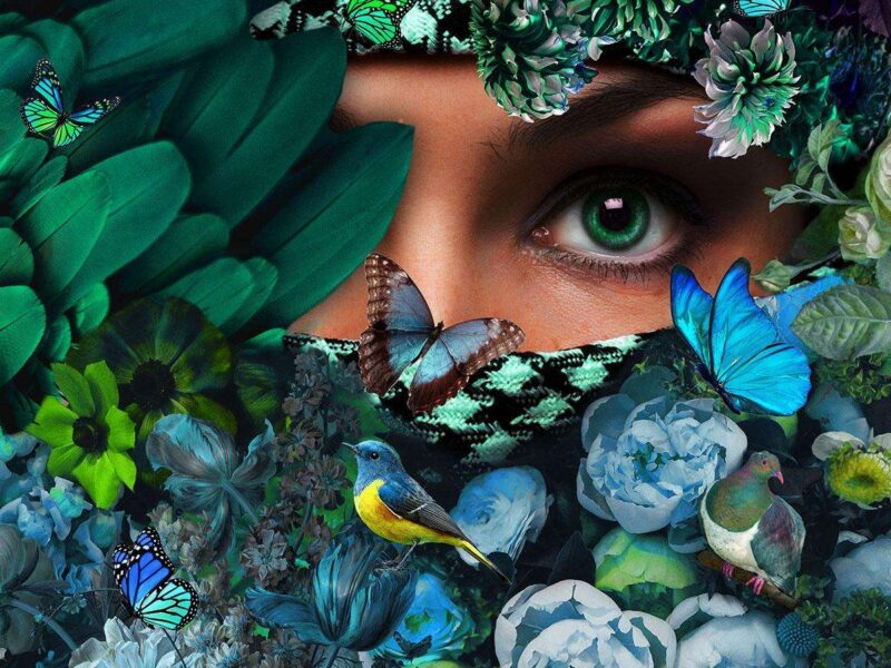 TABLEAU EN VERRE VISAGE FEMME FLEURS PAPILLONS VERT/BLEU 80X80CM