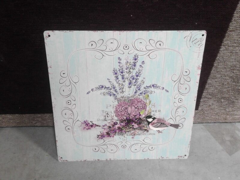 PLAQUE MÉTAL CARRÉE 30X30CM LAVANDE FOND BLEU