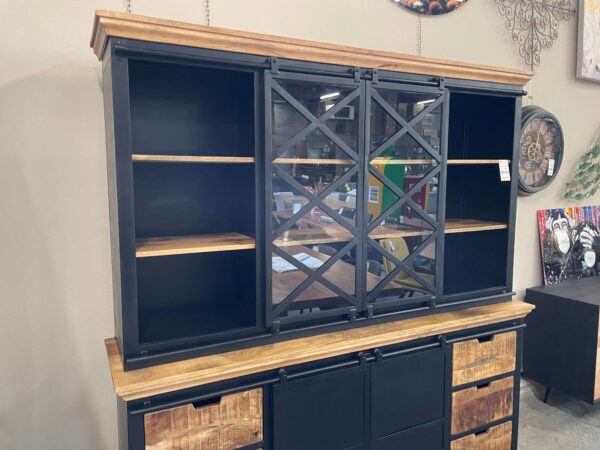 BUFFET 2 CORPS MANGUIER ET MÉTAL NOIR  – PORTES COULISSANTES L.190CM ANNEXE MEUBLE & DECO