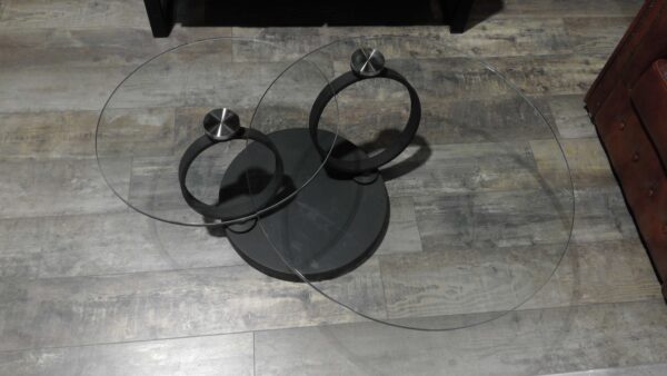 TABLE BASSE DOUBLE PLATEAU VERRE PIVOTANT PIED NOIR MAT - DESTOCKAGE – Image 3