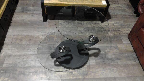 TABLE BASSE DOUBLE PLATEAU VERRE PIVOTANT PIED NOIR MAT - DESTOCKAGE – Image 4