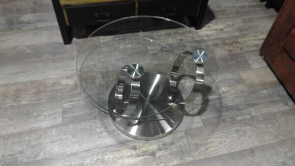 TABLE BASSE DOUBLE PLATEAU VERRE PIVOTANT PIED CHROME - DESTOCKAGE
