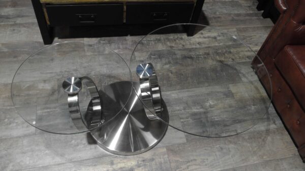 TABLE BASSE DOUBLE PLATEAU VERRE PIVOTANT PIED CHROME - DESTOCKAGE – Image 2