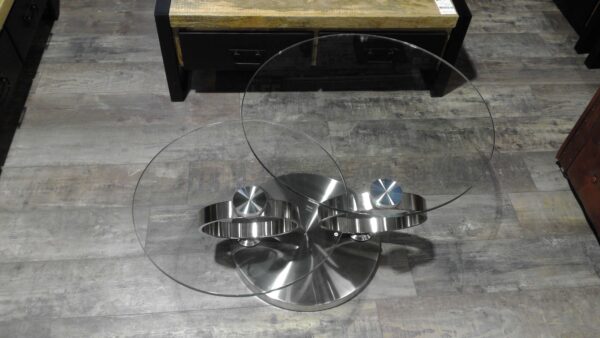 TABLE BASSE DOUBLE PLATEAU VERRE PIVOTANT PIED CHROME - DESTOCKAGE – Image 4
