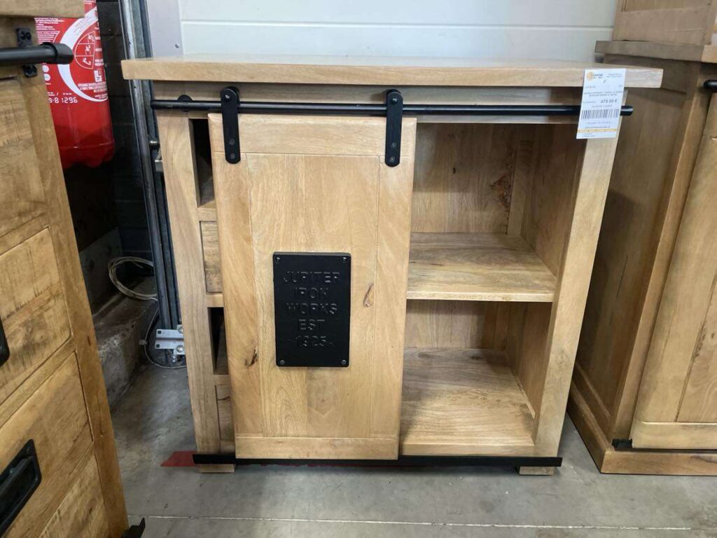 MEUBLE D'APPOINT 1 PORTE + 2 TIROIRS MANGUIER MASSIF ET METAL