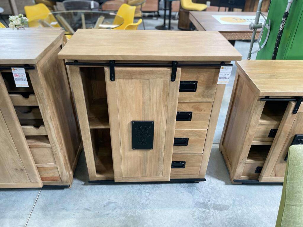 MEUBLE D'APPOINT 1 PORTE + 4 TIROIRS MANGUIER MASSIF ET METAL