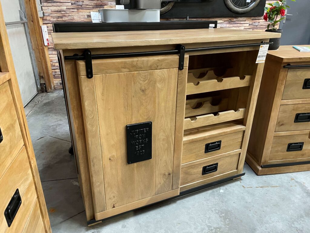 MEUBLE D'APPOINT - CAVE A VIN 1 PORTE + 2 TIROIRS MANGUIER + MÉTAL