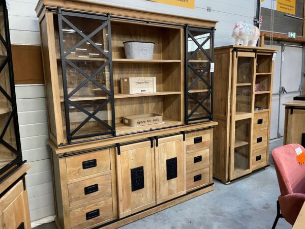 BUFFET – BIBLIOTHEQUE MANGUIER MASSIF ET MÉTAL STYLE LOCO ANNEXE MEUBLE & DECO