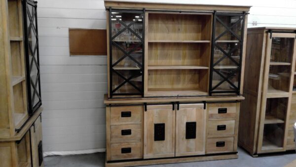 BUFFET – BIBLIOTHEQUE MANGUIER MASSIF ET MÉTAL STYLE LOCO ANNEXE MEUBLE & DECO