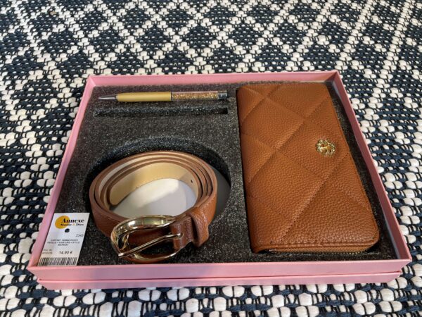 COFFRET FEMME PORTE FEUILLE + CEINTURE + STYLO MARRON ANNEXE MEUBLE & DECO