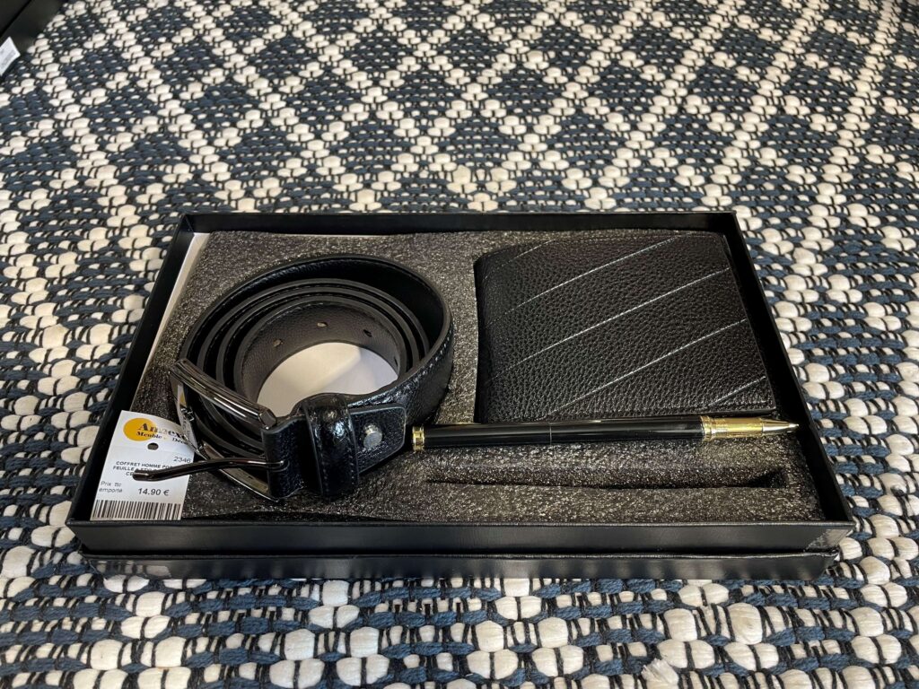 COFFRET HOMME PORTE FEUILLE + STYLO PLUME + CEINTURE NOIR