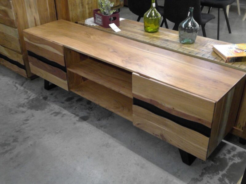 MEUBLE TV 2 PORTES + 2 NICHES ACACIA MASSIF BANDE NOIRE