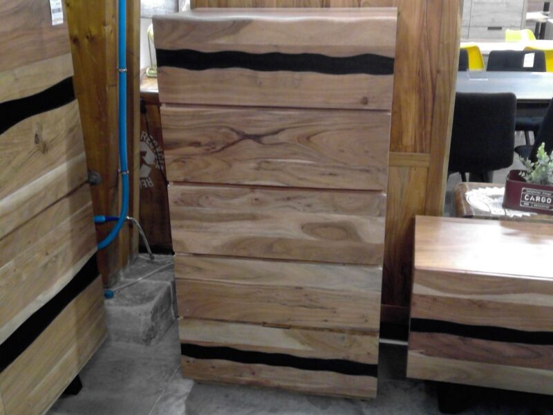 MEUBLE DE RANGEMENT 5 TIROIRS ACACIA MASSIF BANDES NOIRES