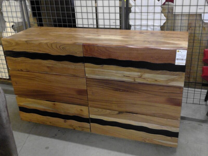 MEUBLE DE RANGEMENT 6 TIROIRS ACACIA MASSIF BANDES NOIRES