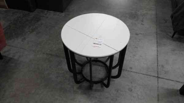 TABLE BASSE RONDE DESSUS MARBRE – PIED METAL NOIR AJOURÉ – DESTOCK ANNEXE MEUBLE & DECO