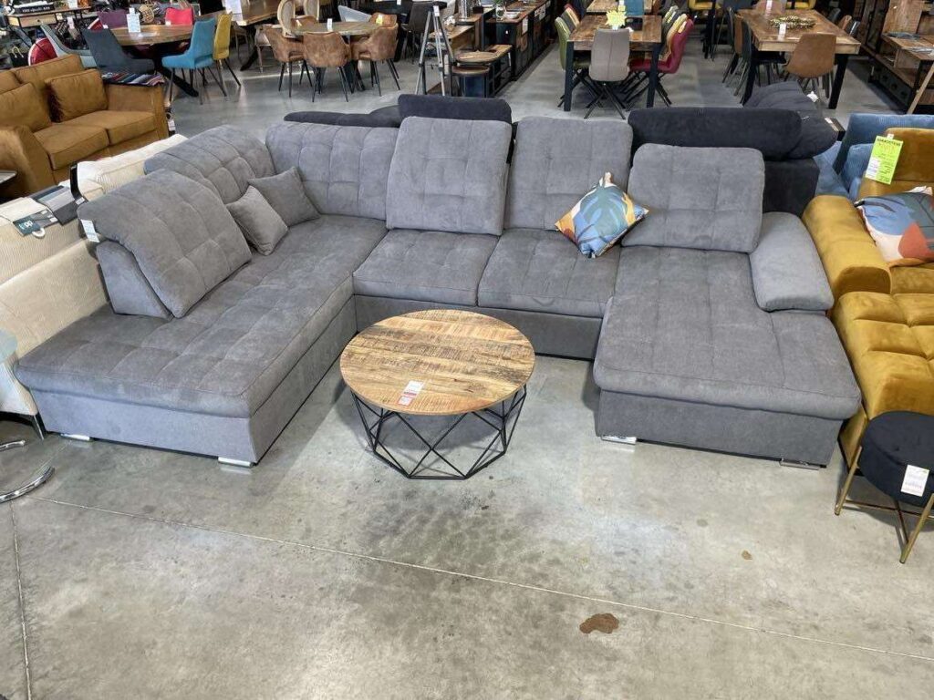 CANAPÉ CAROLINA PANO. MERIDIENNE G. - COFFRE D. TISSU GRIS (VARDO11)