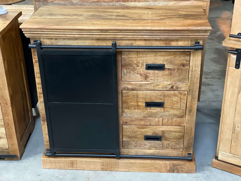 MEUBLE D'APPOINT 1 PORTE + 3 TIROIRS MANGUIER ET MÉTAL L.100CM