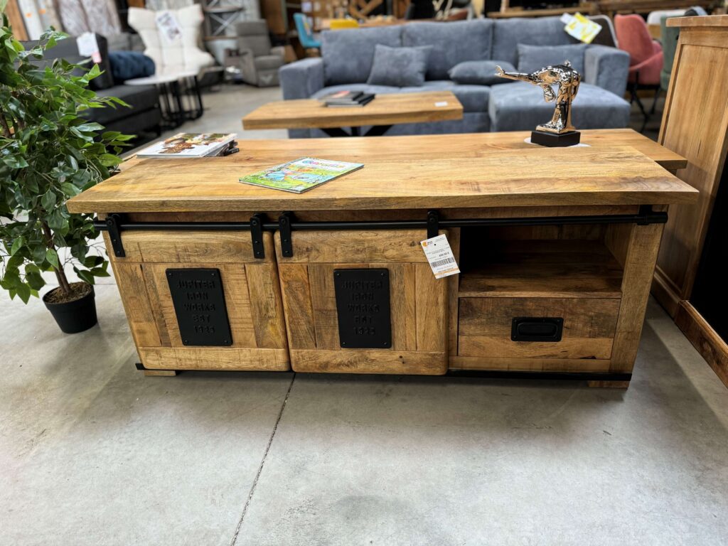 MEUBLE TV LOCO 2 PORTES + 1 TIROIR MANGUIER ET MÉTAL