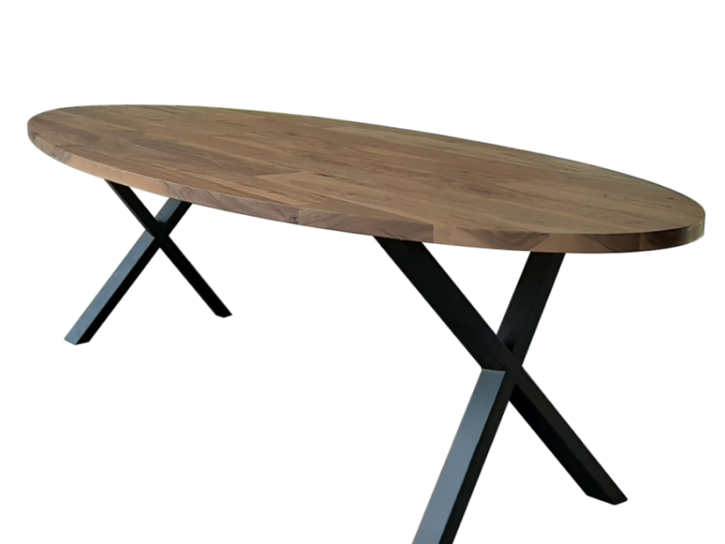 TABLE OVALE 240CM EN NOYER MASSIF - PIEDS X MÉTAL ANTHRACITE - DESTOCK