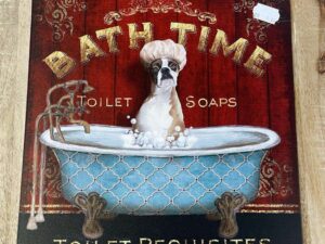 PLAQUE MÉTAL CARRÉE 30X30CM BATH TIME CHIEN ANNEXE MEUBLE & DECO