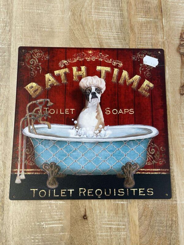 PLAQUE MÉTAL CARRÉE 30X30CM BATH TIME CHIEN ANNEXE MEUBLE & DECO