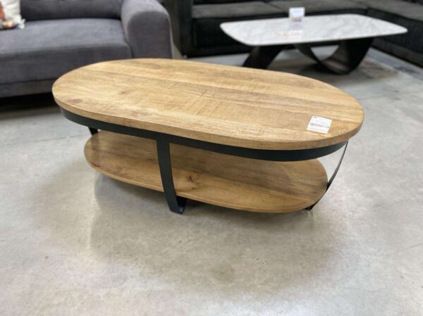 TABLE BASSE OVALE DOUBLE PLATEAU MANGUIER ET MÉTAL