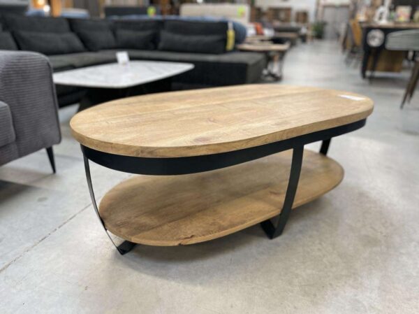 TABLE BASSE OVALE DOUBLE PLATEAU MANGUIER ET MÉTAL – Image 2