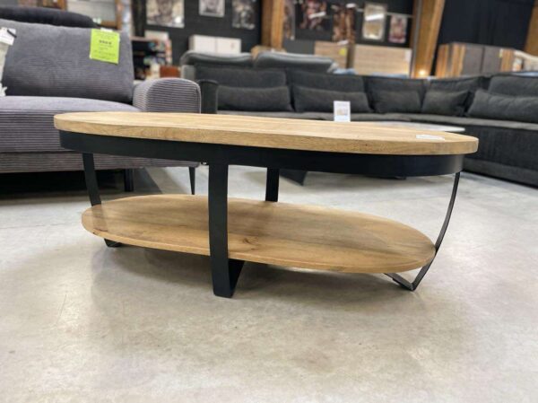 TABLE BASSE OVALE DOUBLE PLATEAU MANGUIER ET MÉTAL – Image 4