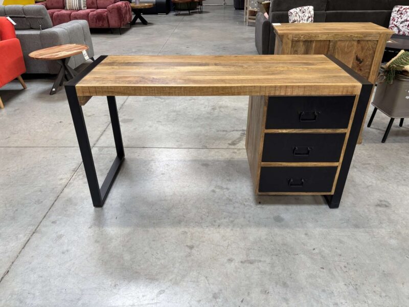 BUREAU 3 TIROIRS MANGUIER MASSIF ET MÉTAL NOIR