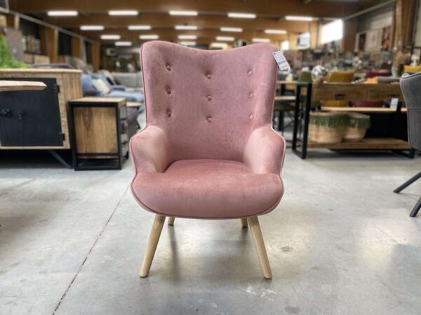 FAUTEUIL EN VELOURS ROSE – PIEDS BOIS ANNEXE MEUBLE & DECO