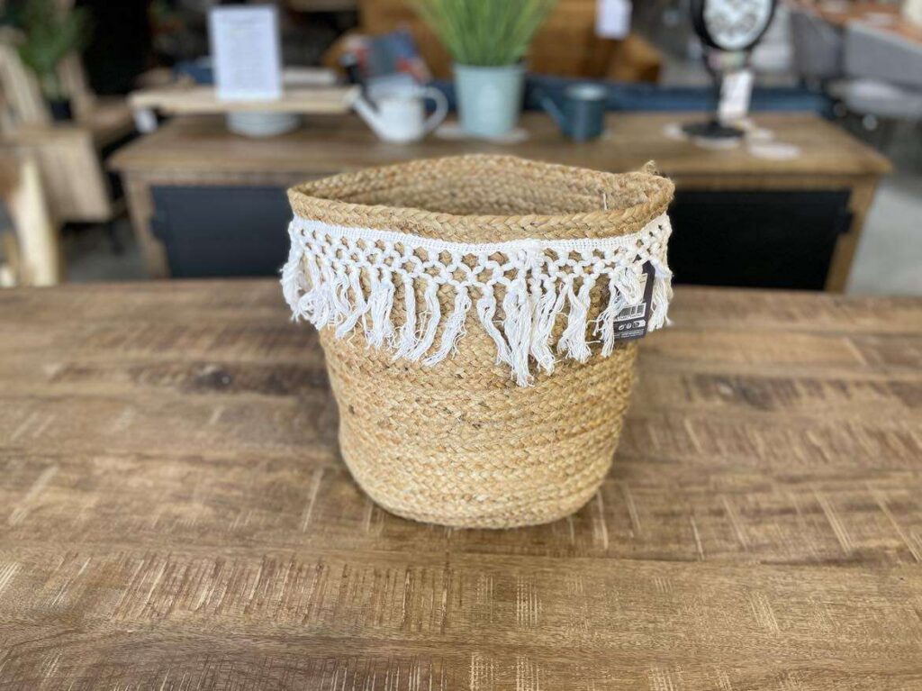 PANIERE JUTE AVEC TRESSAGE BLANC H.30CM