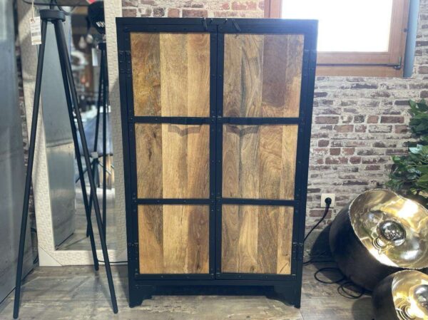 MEUBLE D'APPOINT 2 PORTES MÉTAL NOIR ET BOIS - DESTOCKAGE – Image 2