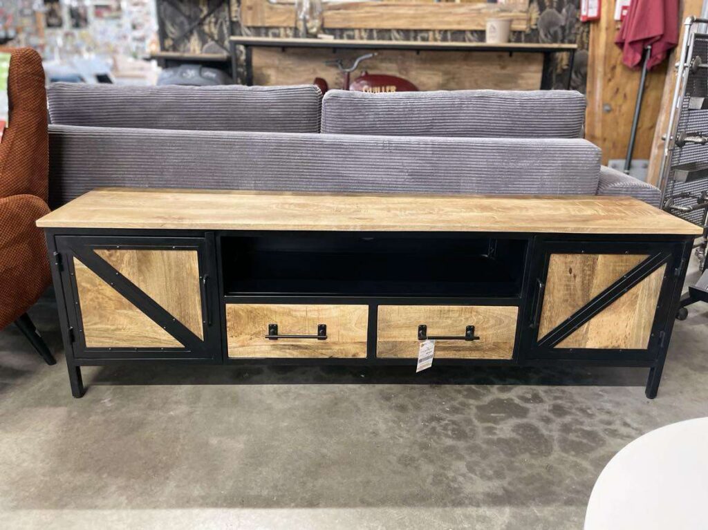 MEUBLE TV MANGUIER ET MÉTAL 2 PORTES + 2 TIROIRS