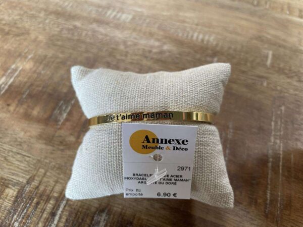 BRACELET RIGIDE ACIER INOXYDABLE “JE T’AIME MAMAN” ARGENTÉ OU DORÉ ANNEXE MEUBLE & DECO