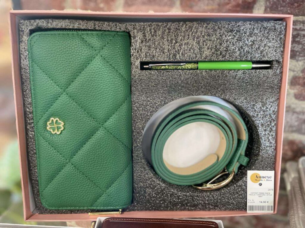 COFFRET FEMME PORTE FEUILLE + CEINTURE + STYLO VERT