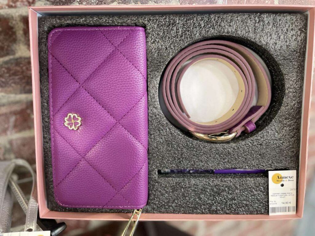 COFFRET FEMME PORTE FEUILLE + CEINTURE + STYLO VIOLET